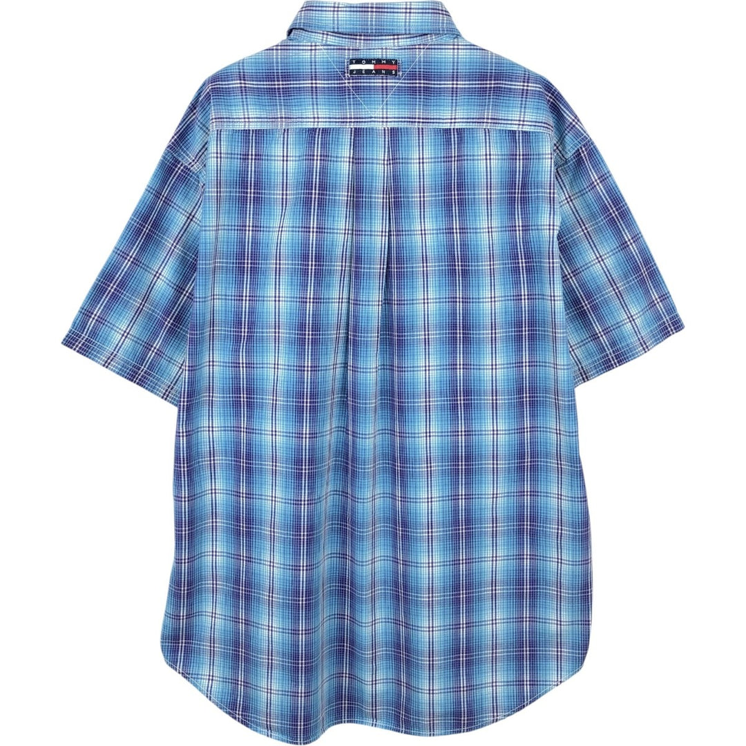 90'S Tommy Hilfiger 80's 2-ply fabric short-sleeved cotton check shirt, men's size L equivalent. cotton blue type Vintage Second Hand