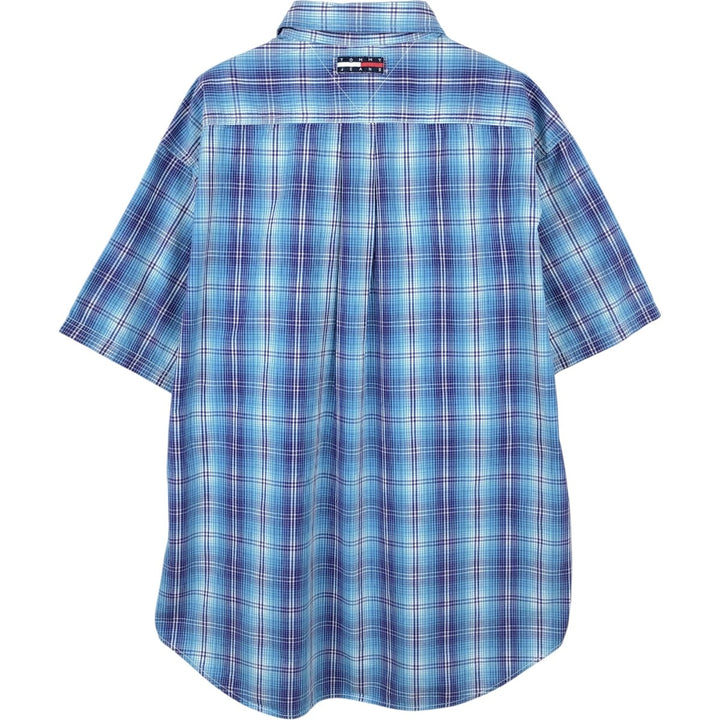 90'S Tommy Hilfiger 80's 2-ply fabric short-sleeved cotton check shirt, men's size L equivalent. cotton blue type Vintage Second Hand