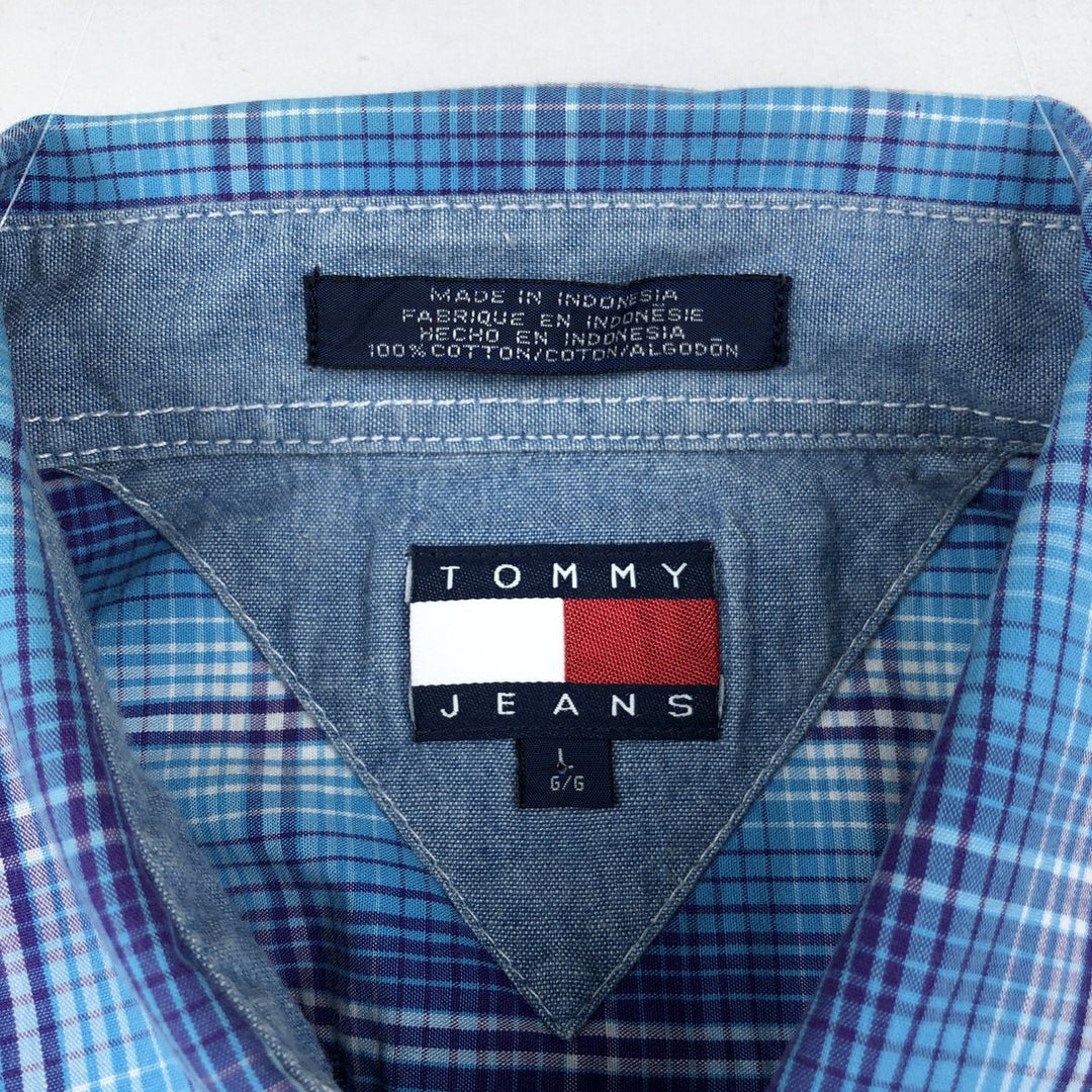 90'S Tommy Hilfiger 80's 2-ply fabric short-sleeved cotton check shirt, men's size L equivalent. cotton blue type Vintage Second Hand