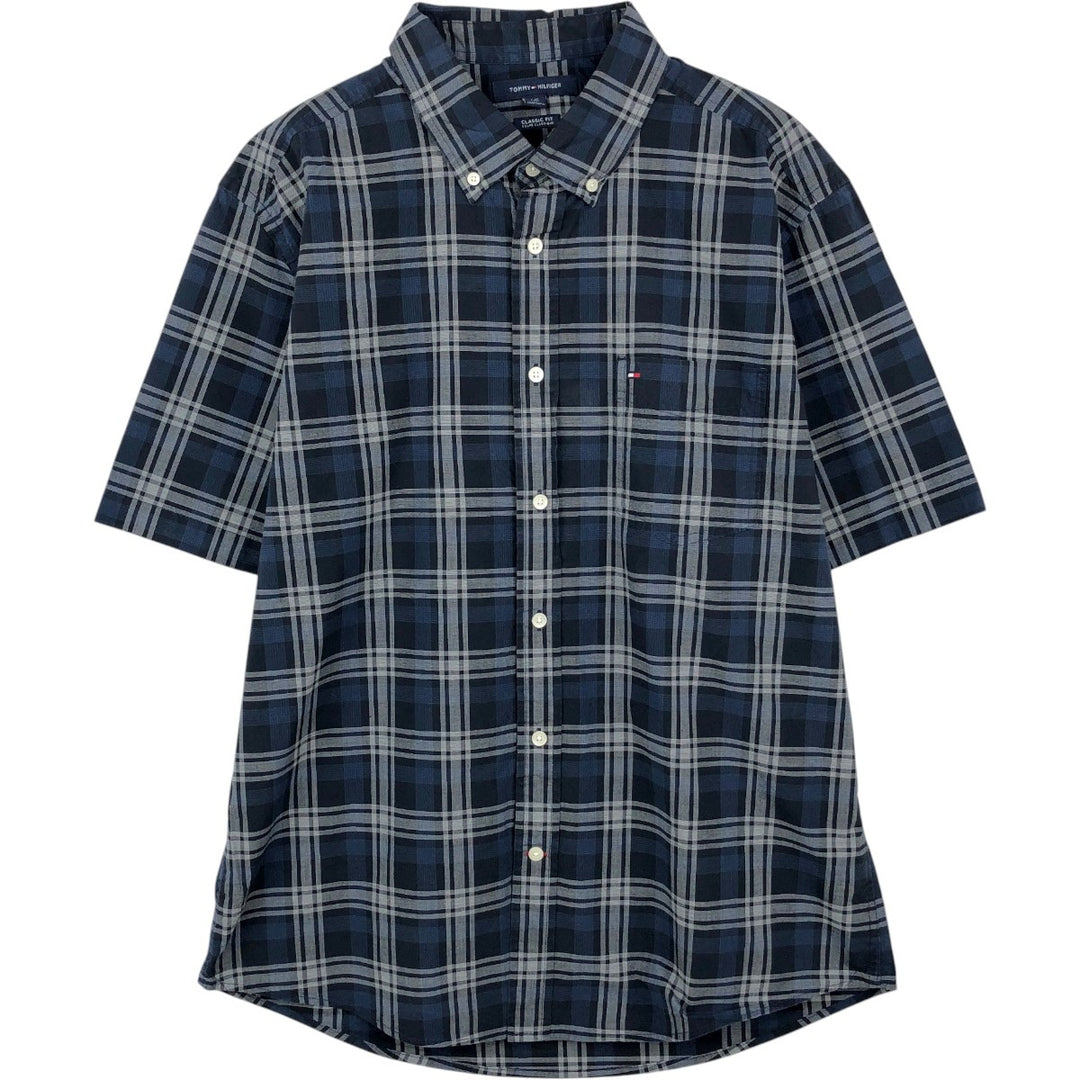 Tommy Hilfiger Classic Fit Short-Sleeve Button-Down Check Shirt, Men's Size L (approx.) cotton navy blue type Vintage Second Hand