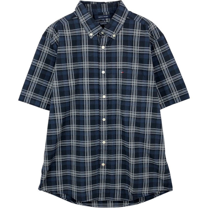 Tommy Hilfiger Classic Fit Short-Sleeve Button-Down Check Shirt, Men's Size L (approx.) cotton navy blue type Vintage Second Hand