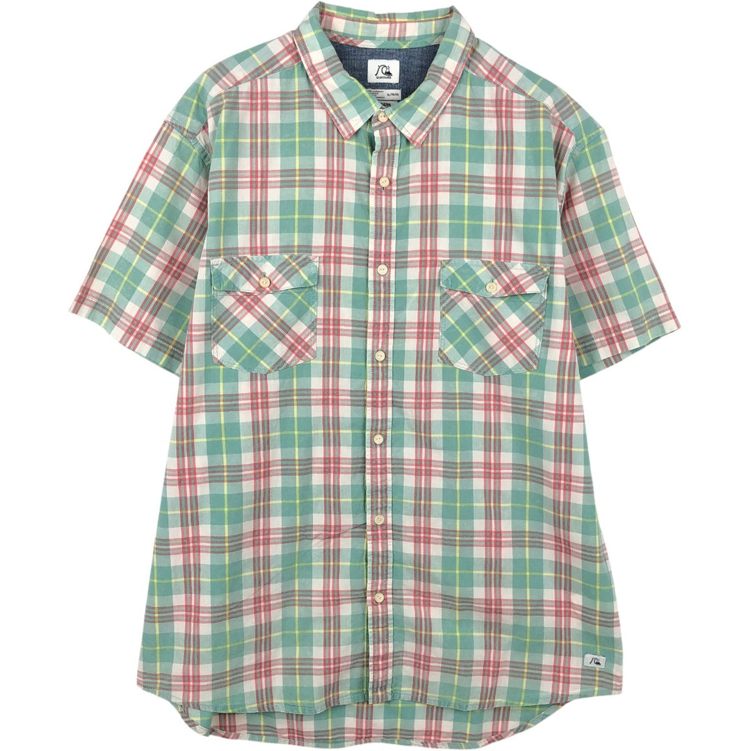 QUIKSILVER MODERN Short-Sleeve Cotton Check Shirt, Men's Size XL (approx.) cotton green type Vintage Second Hand