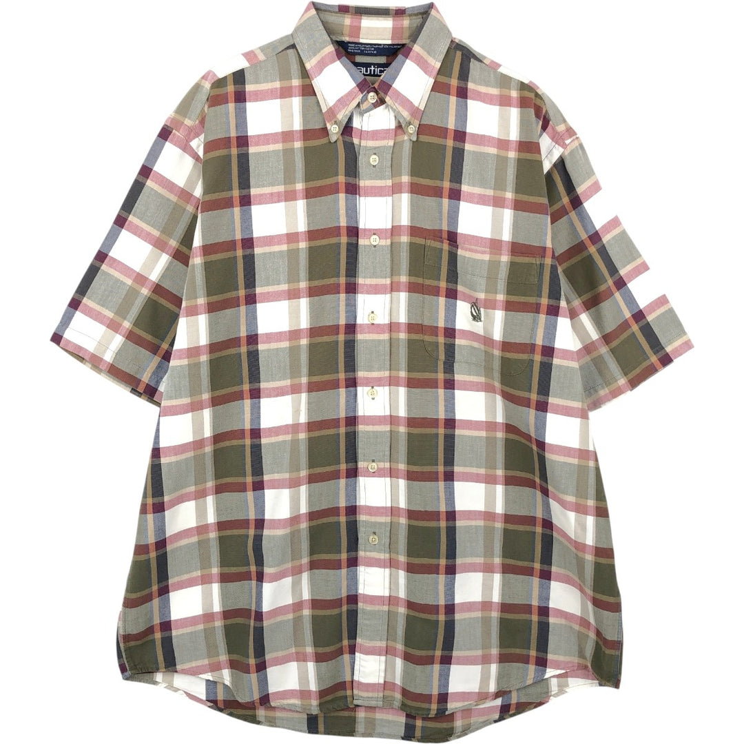 90'S NAUTICA short sleeve button down check shirt, men's size L, vintage cotton Khaki type Vintage Second Hand