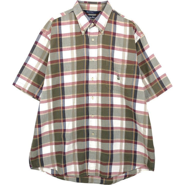 90'S NAUTICA short sleeve button down check shirt, men's size L, vintage cotton Khaki type Vintage Second Hand