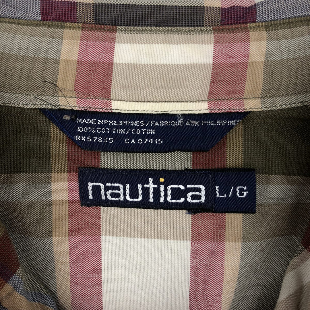 90'S NAUTICA short sleeve button down check shirt, men's size L, vintage cotton Khaki type Vintage Second Hand