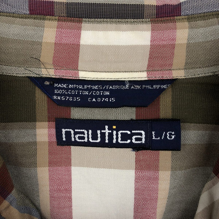 90'S NAUTICA short sleeve button down check shirt, men's size L, vintage cotton Khaki type Vintage Second Hand