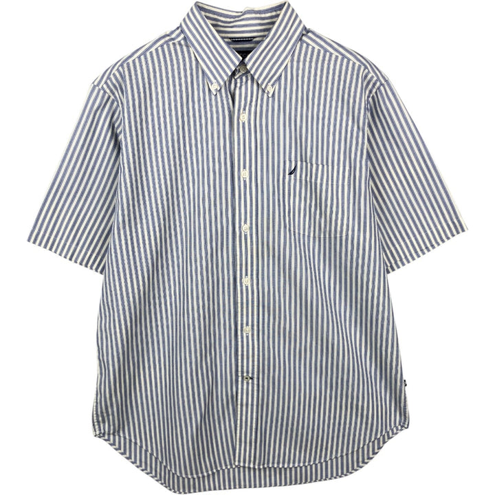 Nautica (2000s) Short-Sleeve Button-Down Striped Shirt, Men's Size L (approx.) cotton white type Vintage Second Hand