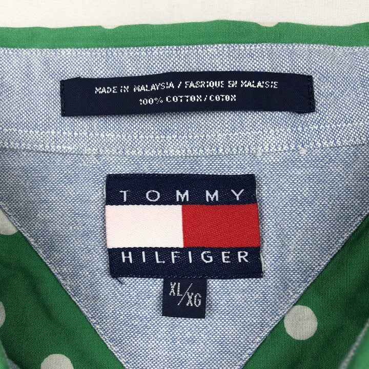 1990'S Tommy Hilfiger short-sleeved cotton shirt with all-over polka dot pattern, men's size XL equivalent, vintage. cotton green type Vintage Second Hand