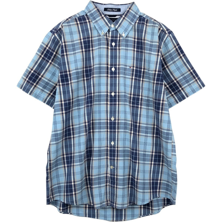 Tommy Hilfiger College Poplin Short-Sleeve Button-Down Check Shirt, Men's Size L (approx.) cotton Blue type light blue Vintage Second Hand