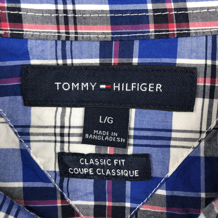 Tommy Hilfiger short-sleeved button-down check shirt, men's size L (approx.) cotton blue type Vintage Second Hand