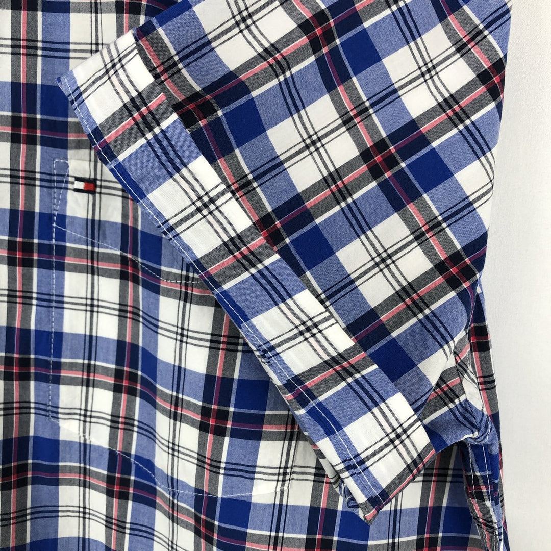 Tommy Hilfiger short-sleeved button-down check shirt, men's size L (approx.) cotton blue type Vintage Second Hand