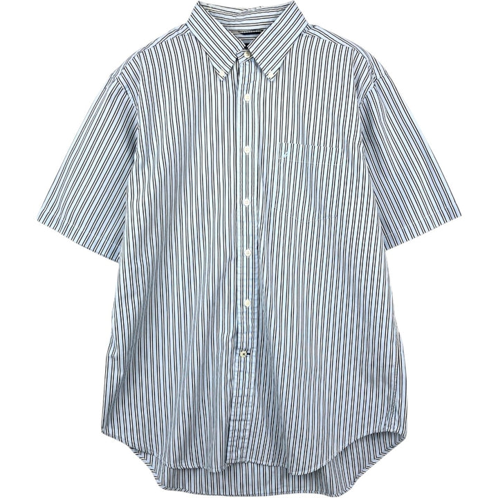 Nautica 80's Two-Ply Cotton Short-Sleeve Button-Down Striped Shirt, Men's Size L (approx.) cotton Blue type light blue Vintage Second Hand