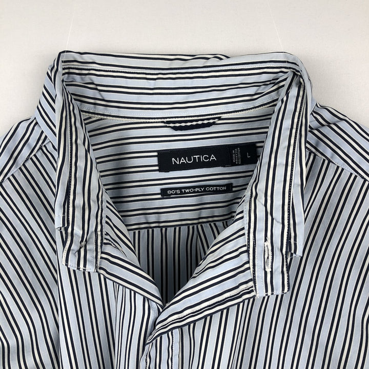 Nautica 80's Two-Ply Cotton Short-Sleeve Button-Down Striped Shirt, Men's Size L (approx.) cotton Blue type light blue Vintage Second Hand