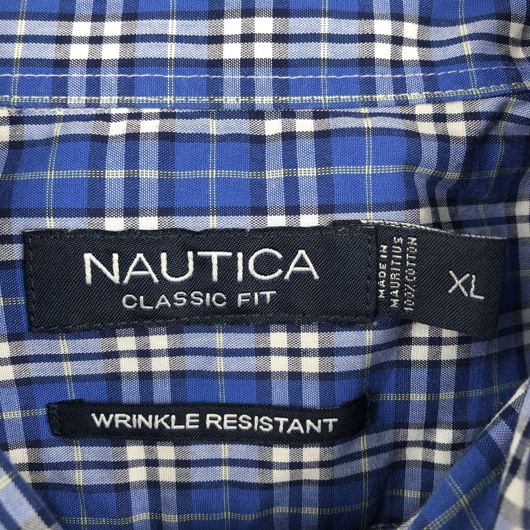 Nautica Wrinkle Resistant Short-Sleeve Button-Down Check Shirt, Men's Size XL (approx.) cotton blue type Vintage Second Hand