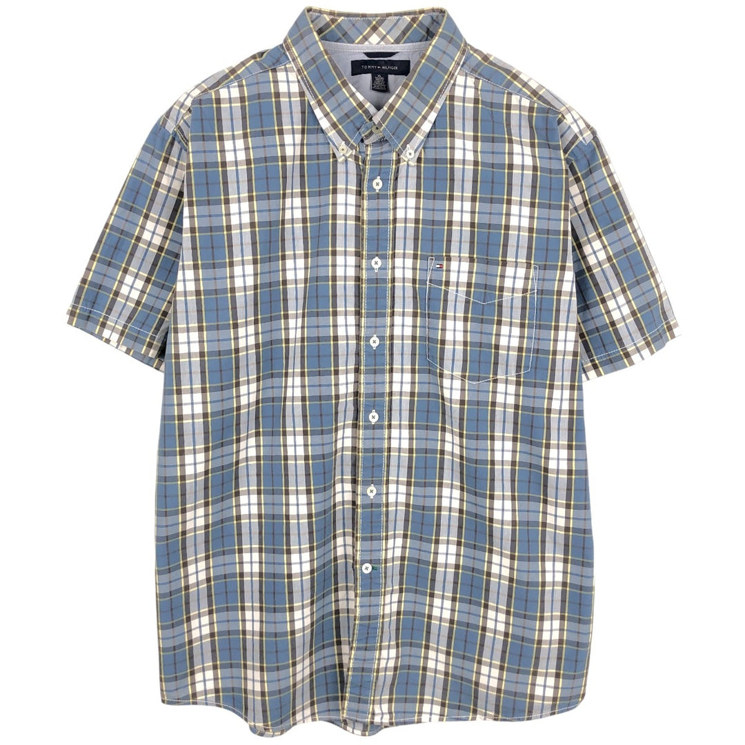 Tommy Hilfiger short-sleeved button-down checked shirt, men's size XL cotton navy blue type Vintage Second Hand