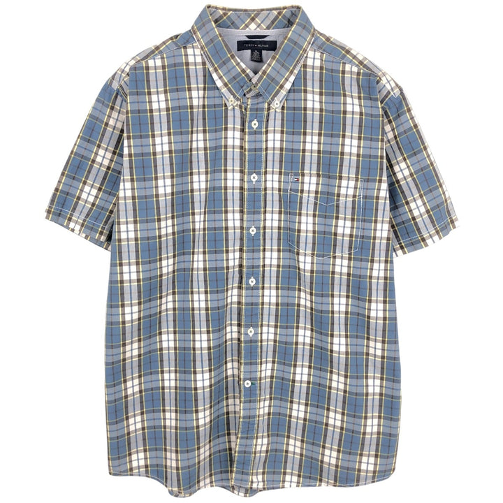 Tommy Hilfiger short-sleeved button-down checked shirt, men's size XL cotton navy blue type Vintage Second Hand
