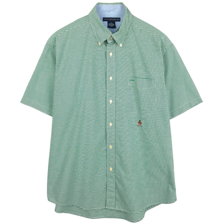 Tommy Hilfiger Gingham Check Short-Sleeve Button-Down Check Shirt, Men's Size L (approx.) cotton green type Vintage Second Hand