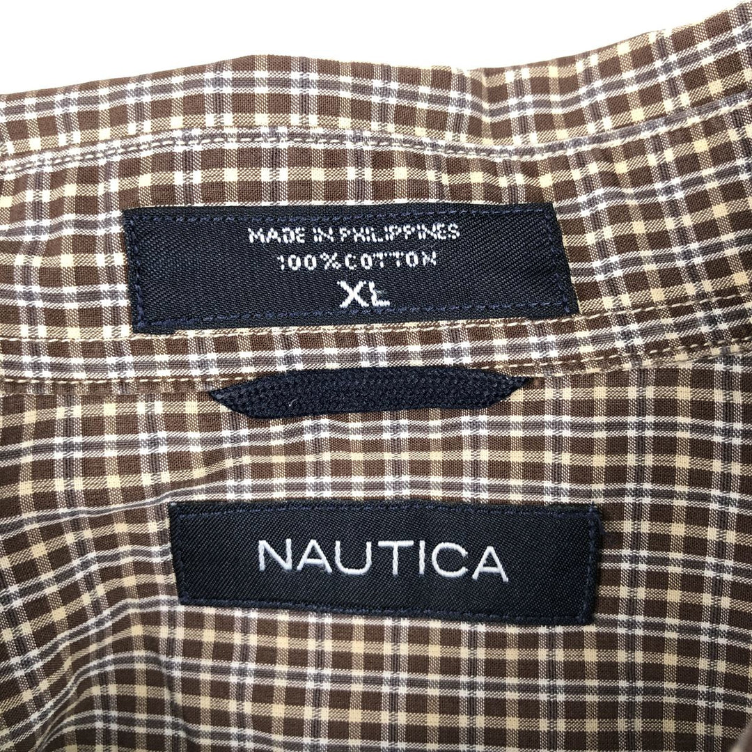 Nautica short-sleeved button-down check shirt, men's size XL (approx.) cotton brown type Vintage Second Hand