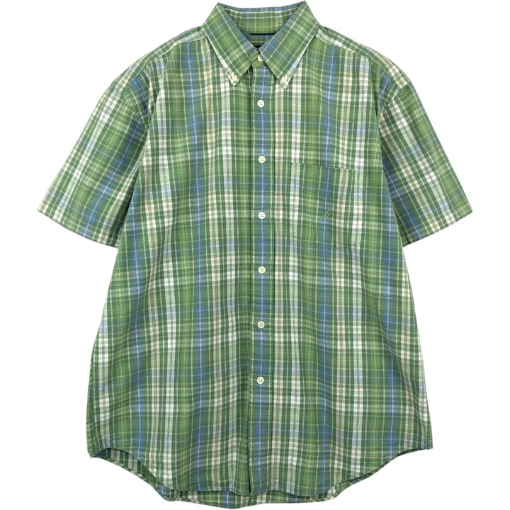Nautica short-sleeved button-down check shirt, men's size L (approx.) cotton green type Vintage Second Hand