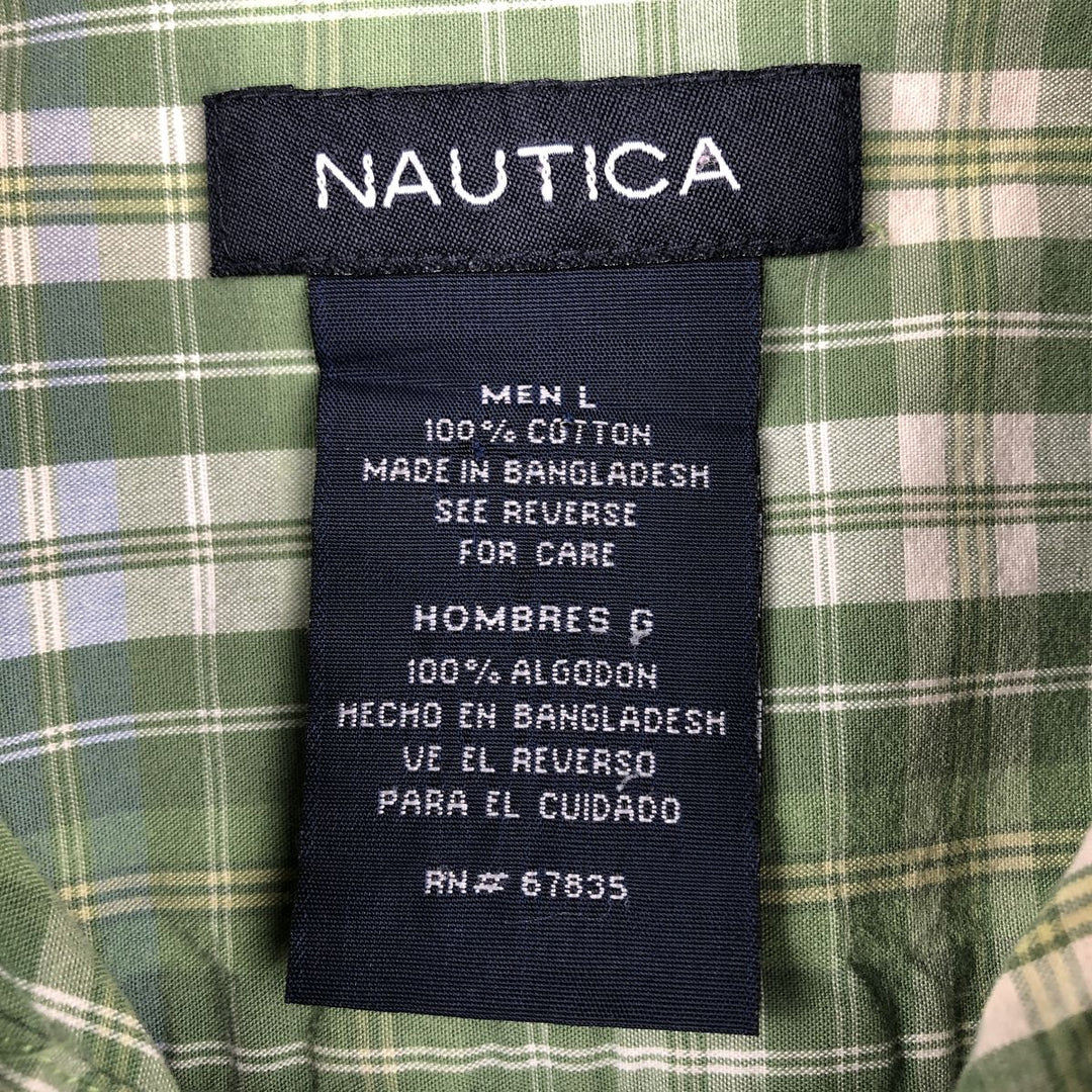 Nautica short-sleeved button-down check shirt, men's size L (approx.) cotton green type Vintage Second Hand