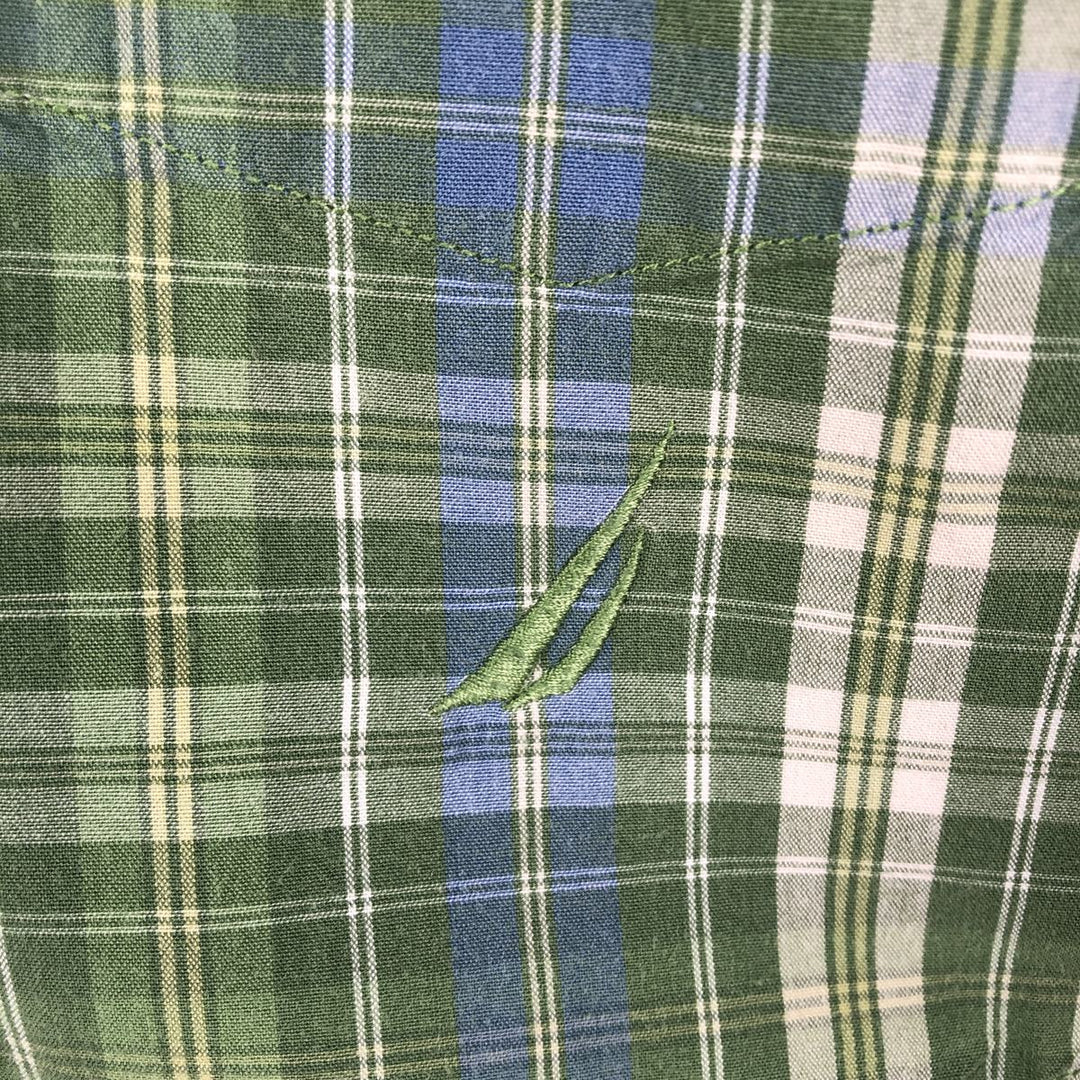Nautica short-sleeved button-down check shirt, men's size L (approx.) cotton green type Vintage Second Hand