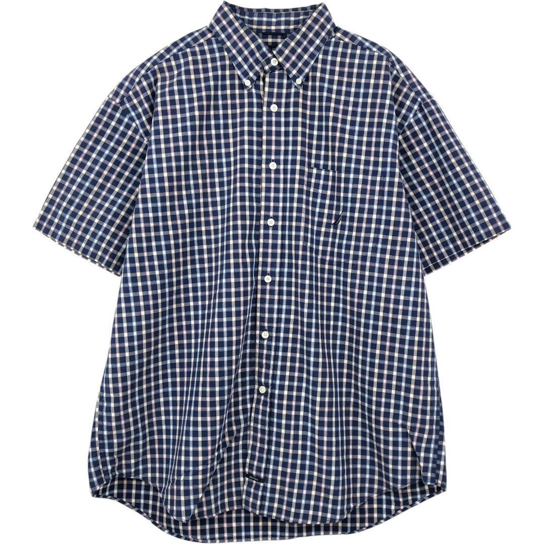 Nautica Sanded Poplin Short-Sleeve Button-Down Check Shirt, Men's Size XL (approx.) cotton navy blue type Vintage Second Hand