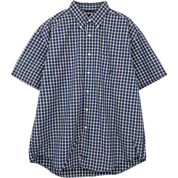 Nautica Sanded Poplin Short-Sleeve Button-Down Check Shirt, Men's Size XL (approx.) cotton navy blue type Vintage Second Hand