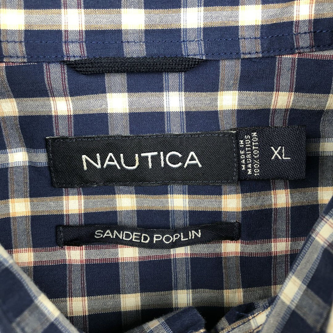 Nautica Sanded Poplin Short-Sleeve Button-Down Check Shirt, Men's Size XL (approx.) cotton navy blue type Vintage Second Hand