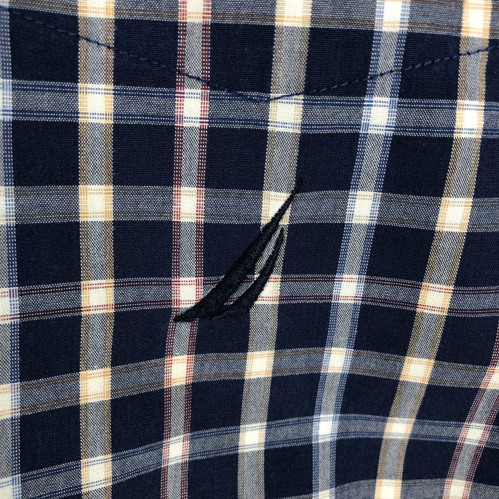 Nautica Sanded Poplin Short-Sleeve Button-Down Check Shirt, Men's Size XL (approx.) cotton navy blue type Vintage Second Hand