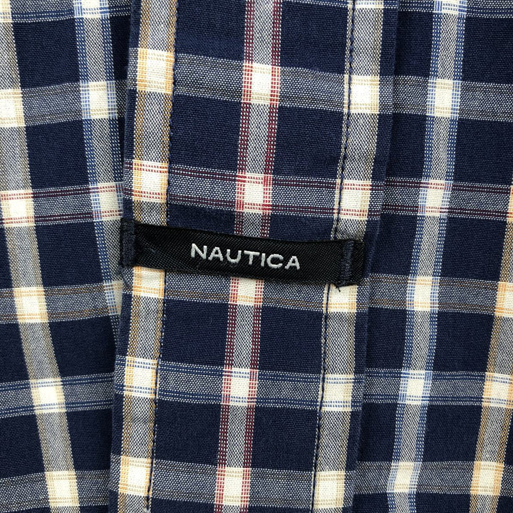 Nautica Sanded Poplin Short-Sleeve Button-Down Check Shirt, Men's Size XL (approx.) cotton navy blue type Vintage Second Hand