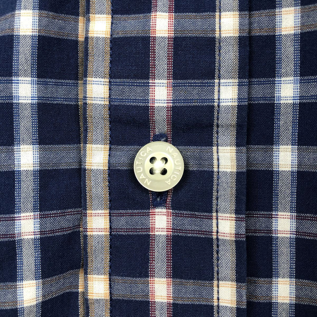 Nautica Sanded Poplin Short-Sleeve Button-Down Check Shirt, Men's Size XL (approx.) cotton navy blue type Vintage Second Hand