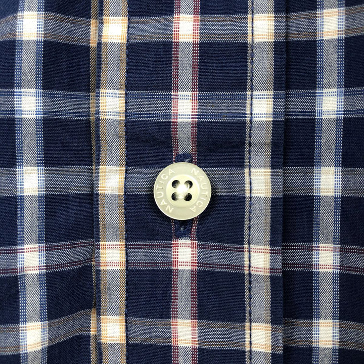 Nautica Sanded Poplin Short-Sleeve Button-Down Check Shirt, Men's Size XL (approx.) cotton navy blue type Vintage Second Hand