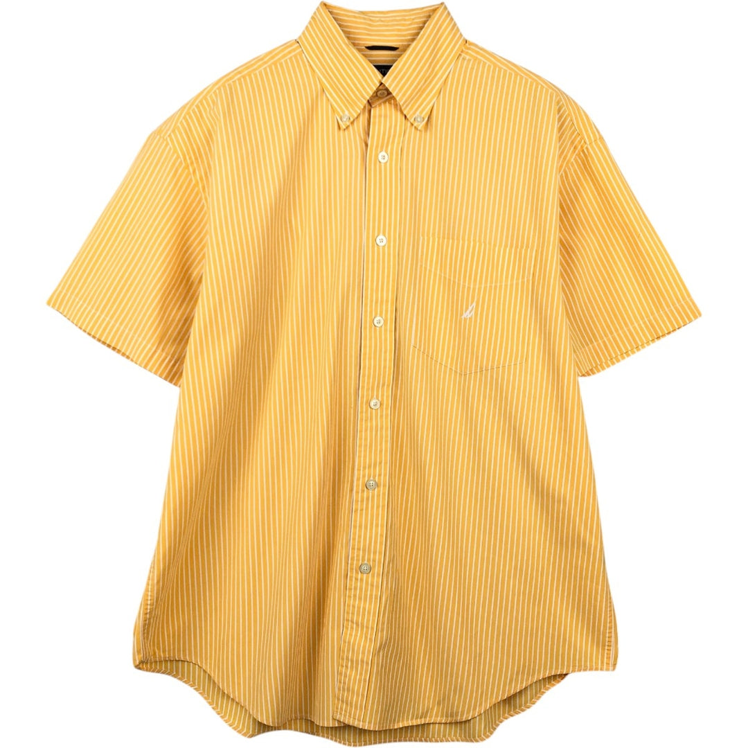 Nautica Sanded Poplin Short-Sleeve Button-Down Striped Shirt, Men's Size L (approx.) cotton yellow type Vintage Second Hand