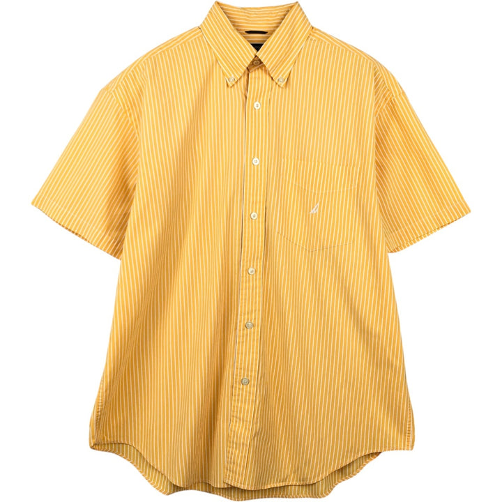 Nautica Sanded Poplin Short-Sleeve Button-Down Striped Shirt, Men's Size L (approx.) cotton yellow type Vintage Second Hand