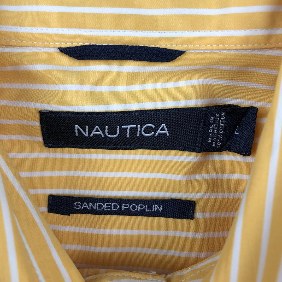 Nautica Sanded Poplin Short-Sleeve Button-Down Striped Shirt, Men's Size L (approx.) cotton yellow type Vintage Second Hand