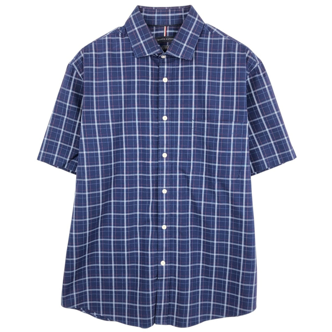 Tommy Hilfiger Regular Fit Wide Collar Short Sleeve Cotton Check Shirt (Men's Size L) cotton blue type Vintage Second Hand