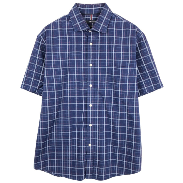 Tommy Hilfiger Regular Fit Wide Collar Short Sleeve Cotton Check Shirt (Men's Size L) cotton blue type Vintage Second Hand