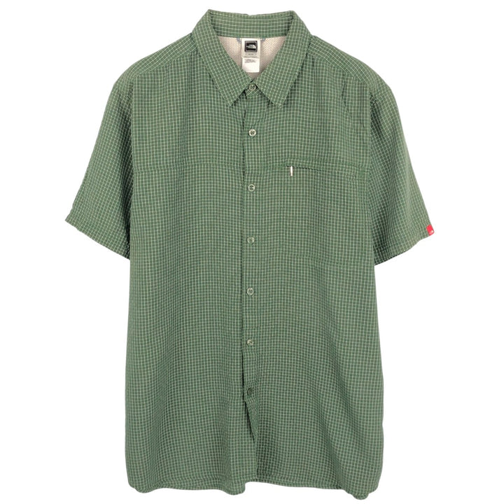 The North Face seersucker short-sleeved check shirt, men's size XL (approx.) Modal Green type dark green Vintage Second Hand