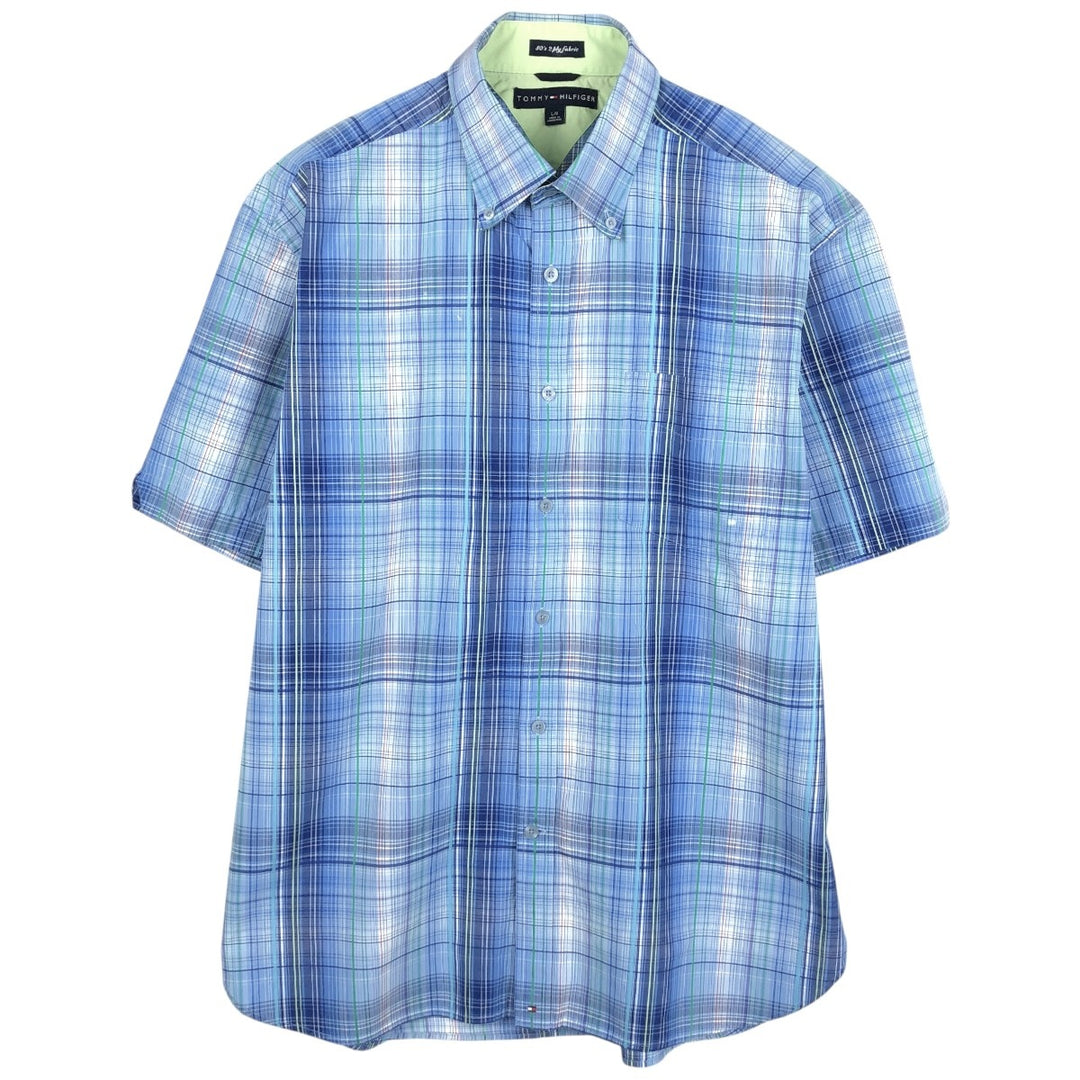 Tommy Hilfiger 80's 2-ply fabric short-sleeved button-down check shirt, men's size L (approx.) cotton blue type Vintage Second Hand