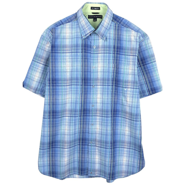 Tommy Hilfiger 80's 2-ply fabric short-sleeved button-down check shirt, men's size L (approx.) cotton blue type Vintage Second Hand