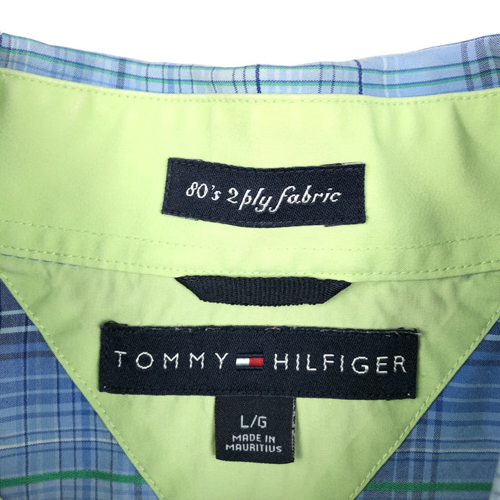 Tommy Hilfiger 80's 2-ply fabric short-sleeved button-down check shirt, men's size L (approx.) cotton blue type Vintage Second Hand