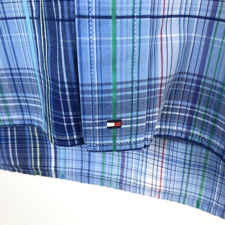 Tommy Hilfiger 80's 2-ply fabric short-sleeved button-down check shirt, men's size L (approx.) cotton blue type Vintage Second Hand