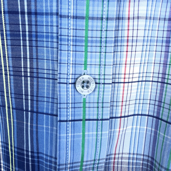 Tommy Hilfiger 80's 2-ply fabric short-sleeved button-down check shirt, men's size L (approx.) cotton blue type Vintage Second Hand