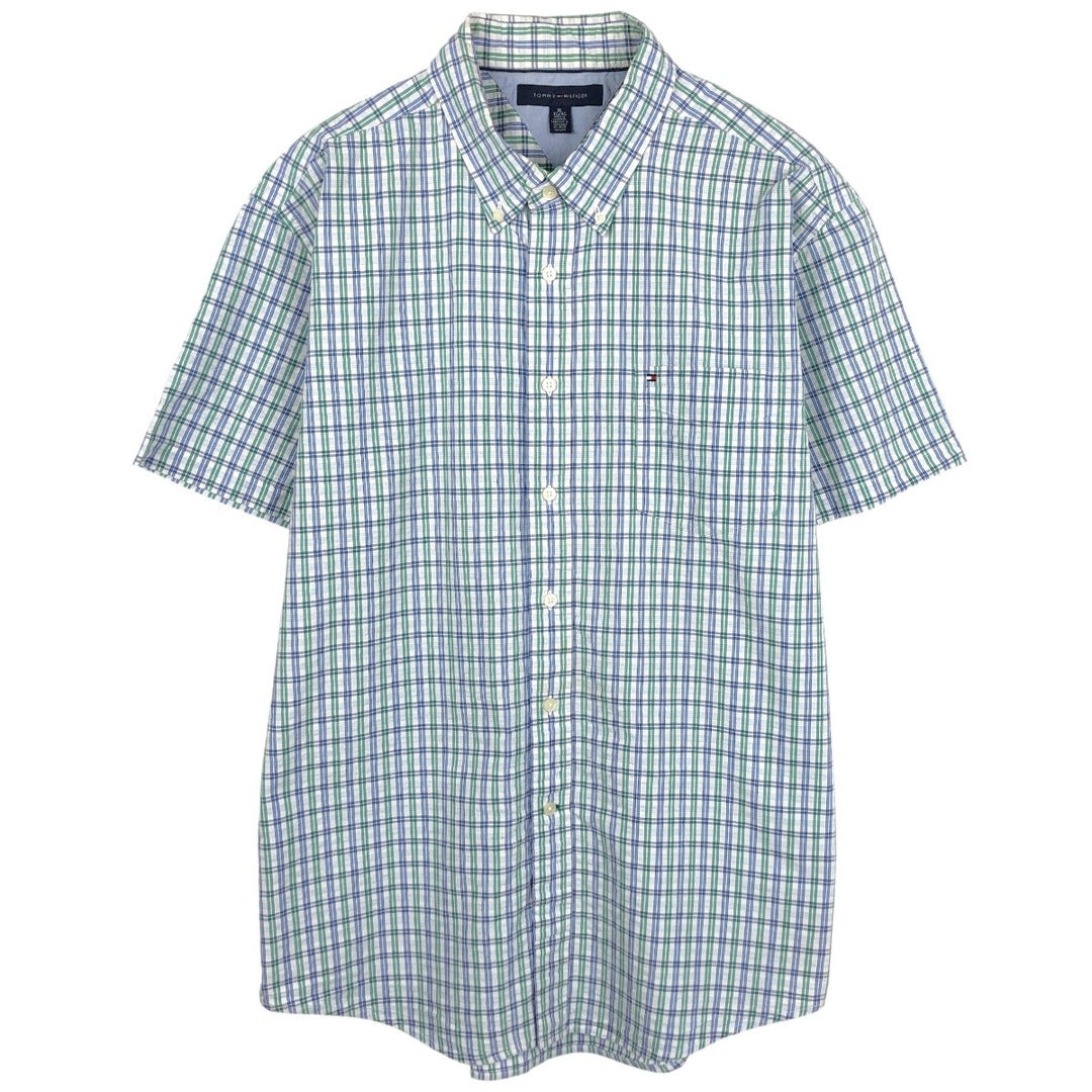 Tommy Hilfiger seersucker short-sleeved button-down check shirt, men's size XL (approx.) cotton blue type Vintage Second Hand