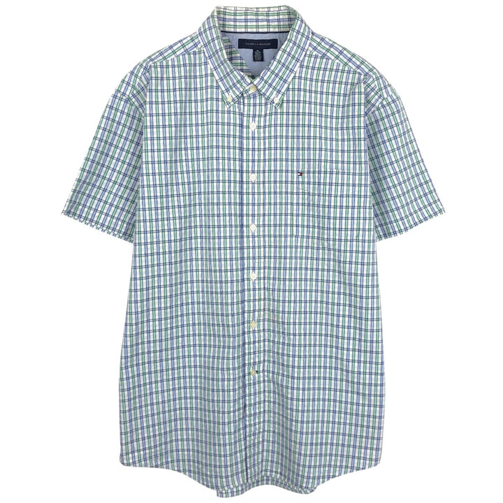 Tommy Hilfiger seersucker short-sleeved button-down check shirt, men's size XL (approx.) cotton blue type Vintage Second Hand