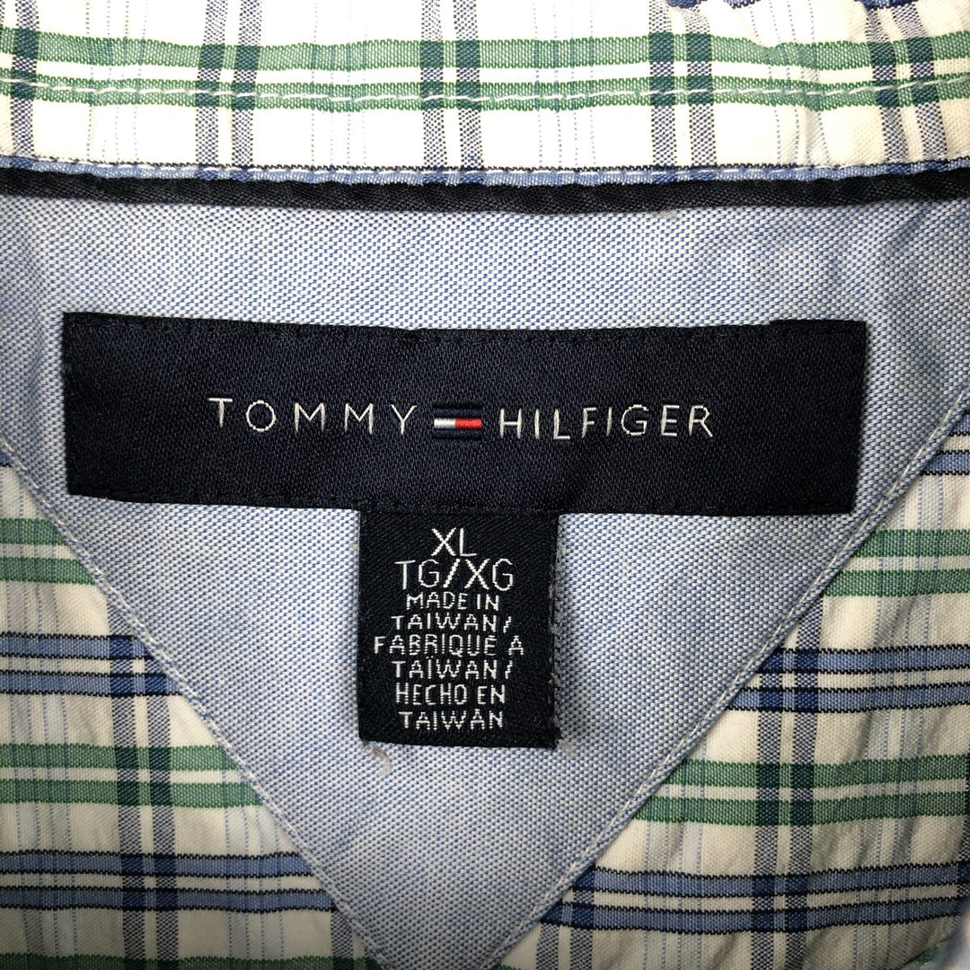 Tommy Hilfiger seersucker short-sleeved button-down check shirt, men's size XL (approx.) cotton blue type Vintage Second Hand