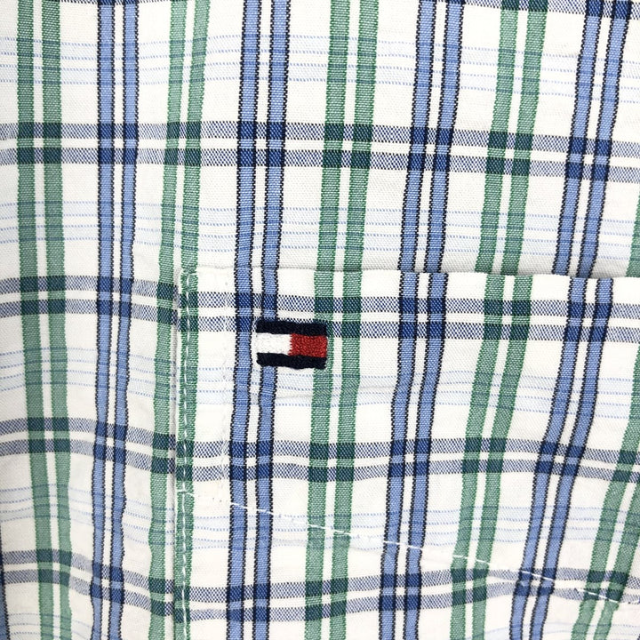 Tommy Hilfiger seersucker short-sleeved button-down check shirt, men's size XL (approx.) cotton blue type Vintage Second Hand