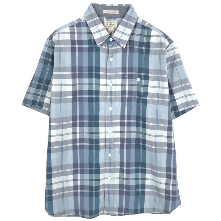 Vintage LLBean SLIGHTLY FITTED short-sleeved cotton check shirt from the 90s-00s, men's size L equivalent. cotton blue type Vintage Second Hand