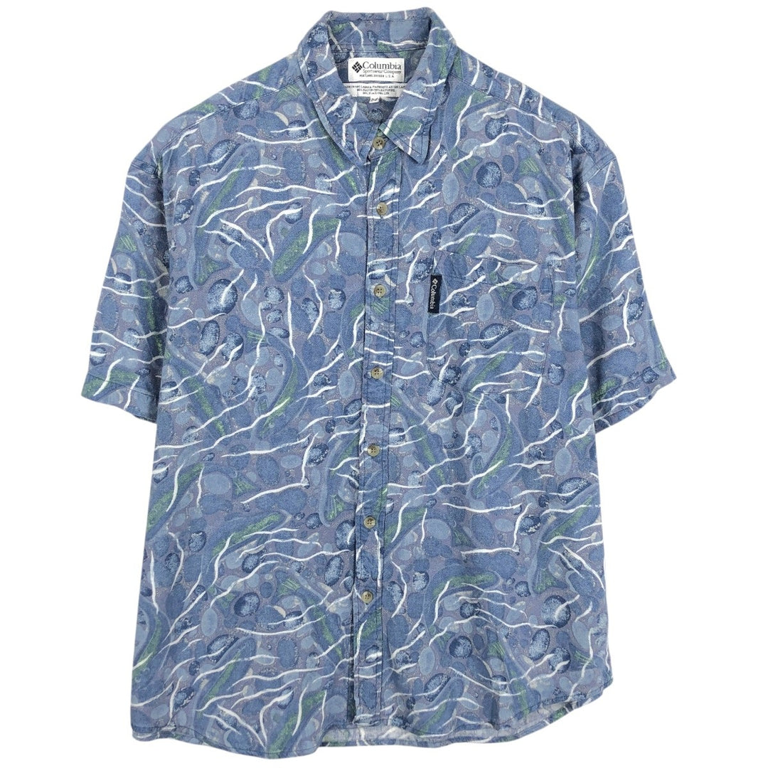 Columbia all-over print short-sleeved rayon shirt, men's size M. Rayon blue type Vintage Second Hand