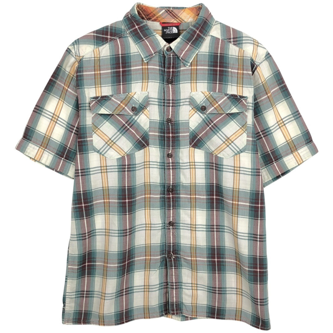 The North Face Short-Sleeve Check Shirt, Boxy Shirt, Men's Size M (approx.) cotton Beige type Vintage Second Hand